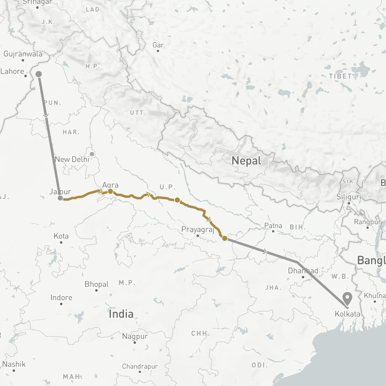 TravelMap itinerary: driving, plane, private transfer in India (Asia)