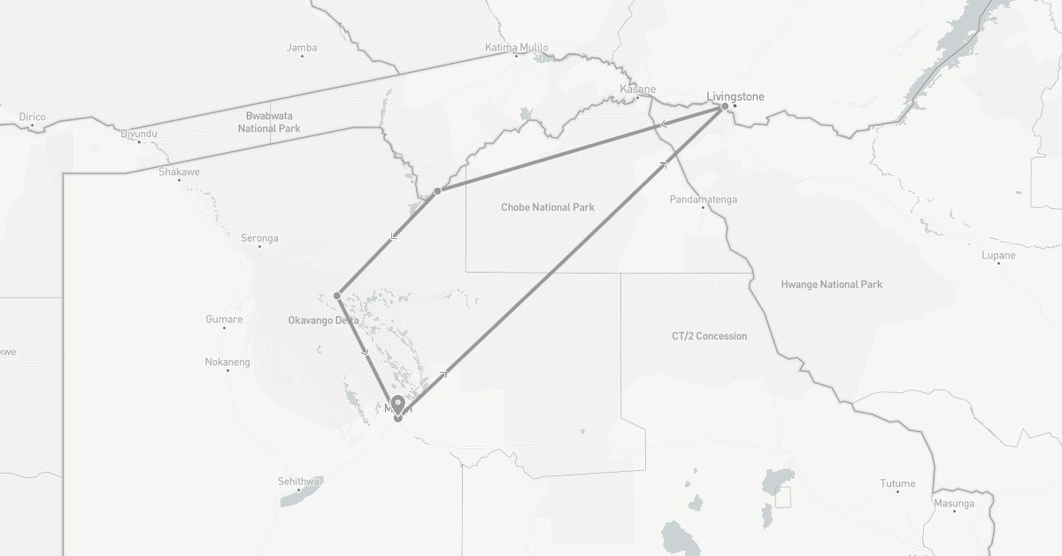 TravelMap itinerary: plane in Botswana, Zambia (Africa)