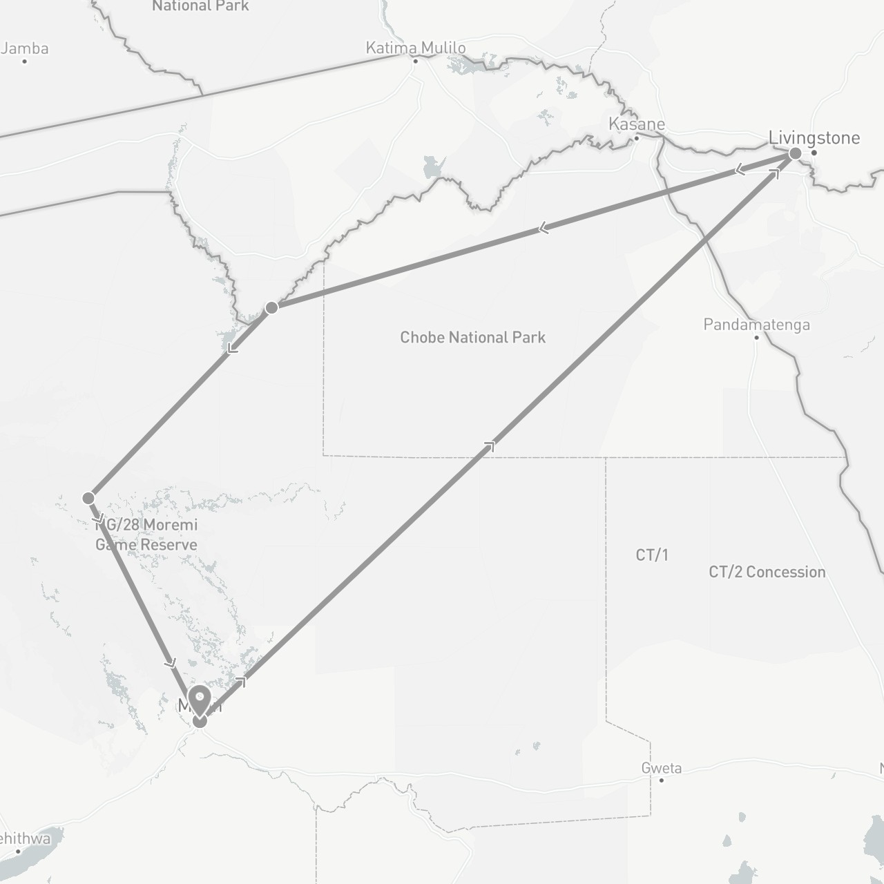 TravelMap itinerary: plane in Botswana, Zambia (Africa)
