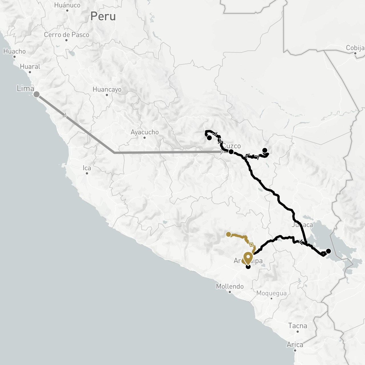 TravelMap itinerary: plane, private transfer, train in Peru (South America)
