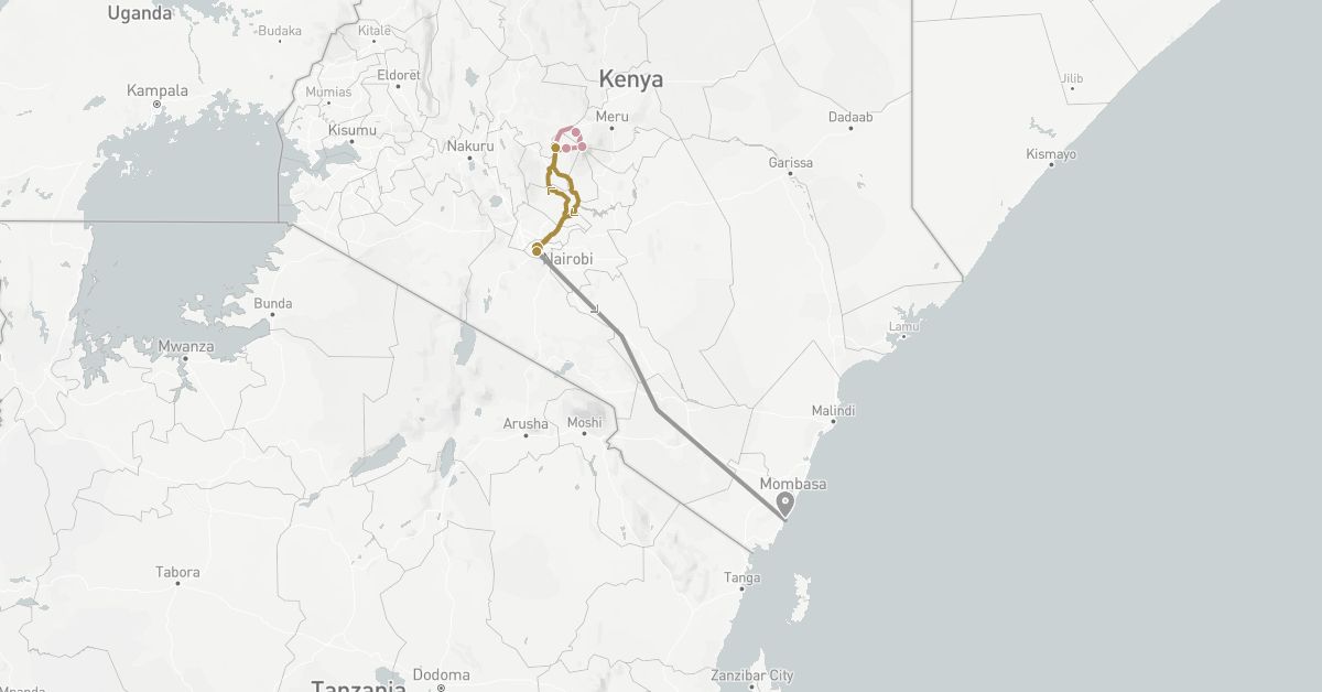 TravelMap itinerary: plane, private transfer, hiking in Kenya (Africa)