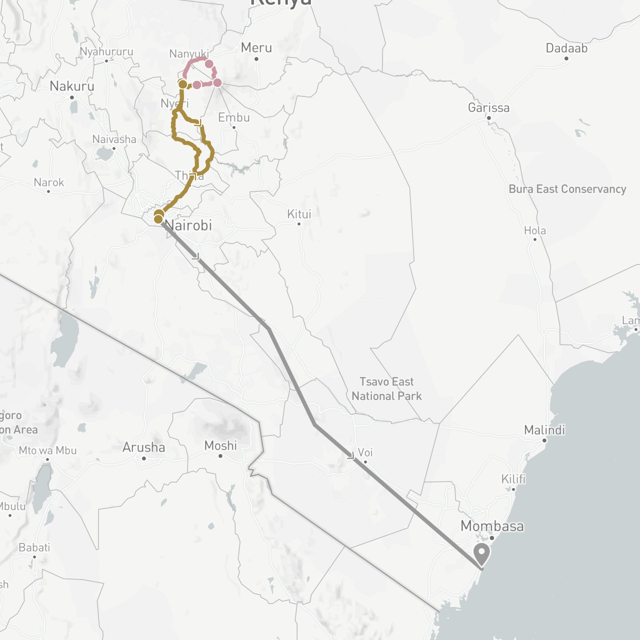TravelMap itinerary: plane, private transfer, hiking in Kenya (Africa)