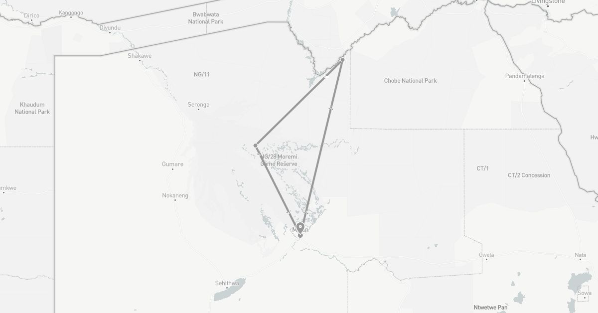 TravelMap itinerary: driving, plane in Botswana (Africa)