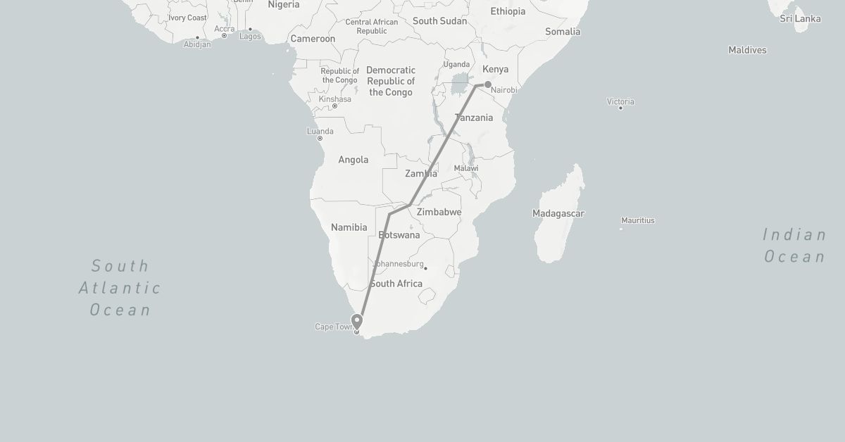 TravelMap itinerary: driving, plane in Botswana, Kenya, South Africa, Zimbabwe (Africa)