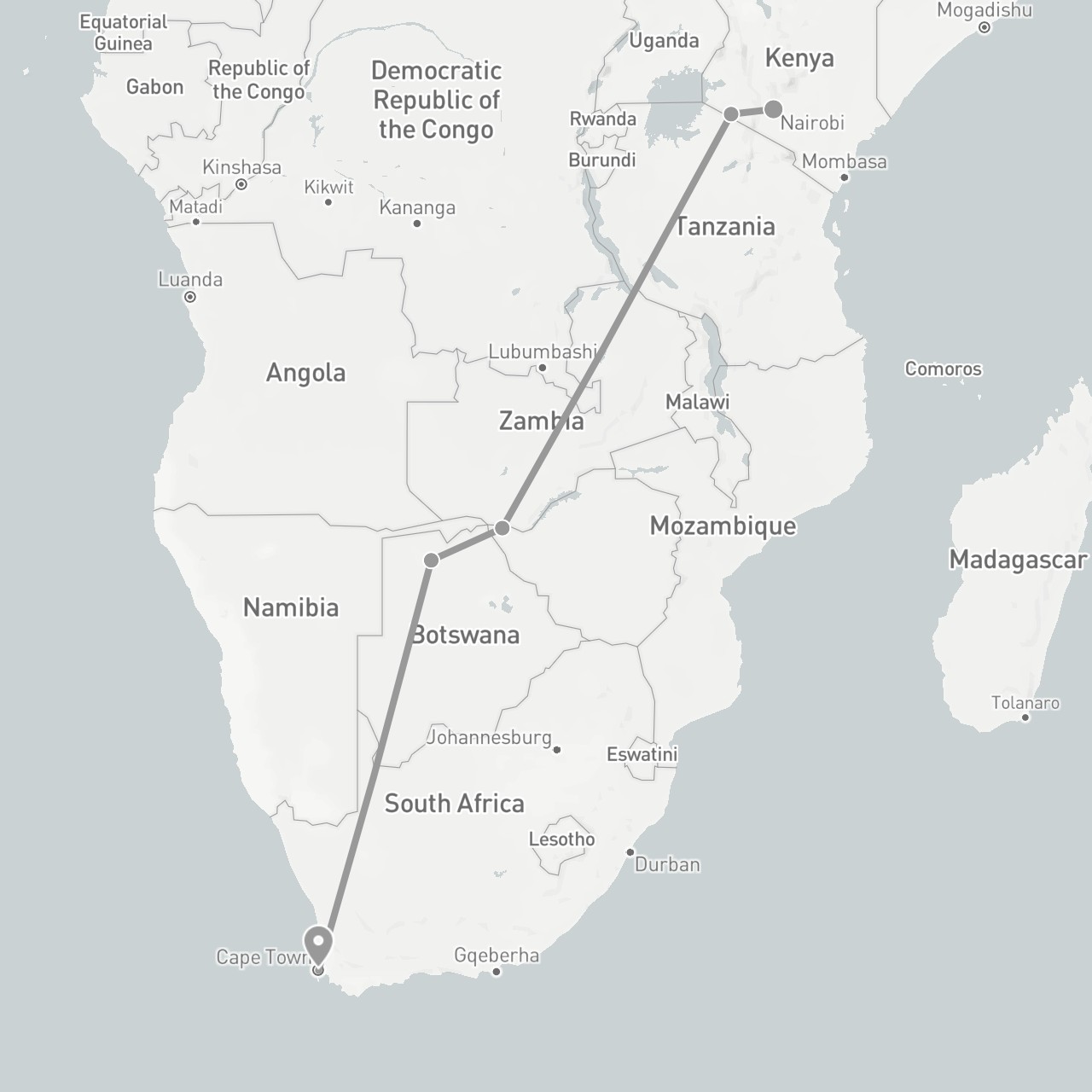 TravelMap itinerary: driving, plane in Botswana, Kenya, South Africa, Zimbabwe (Africa)