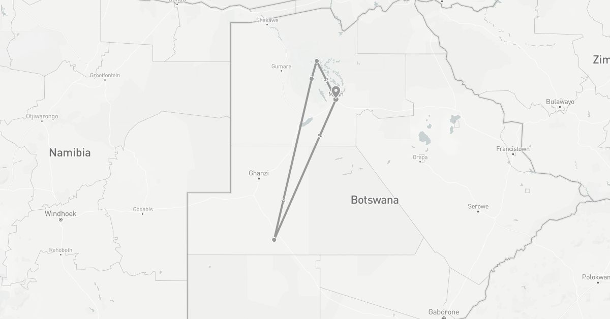 TravelMap itinerary: driving, plane in Botswana (Africa)