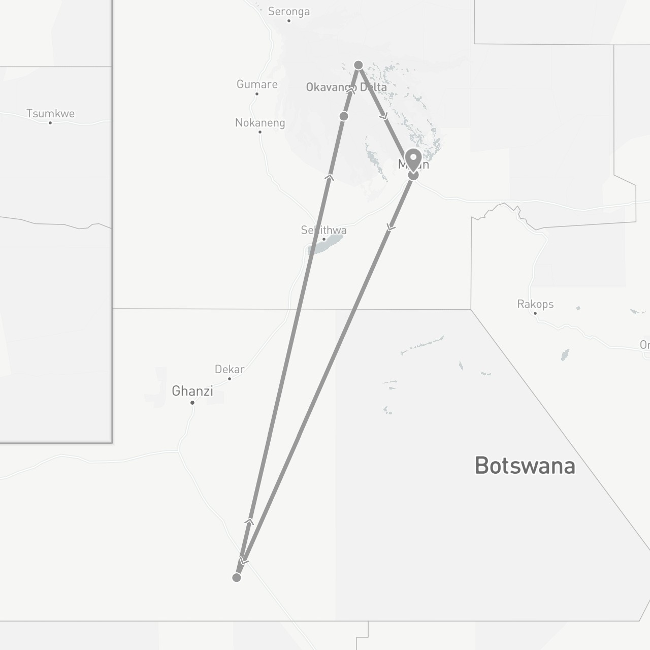 TravelMap itinerary: driving, plane in Botswana (Africa)