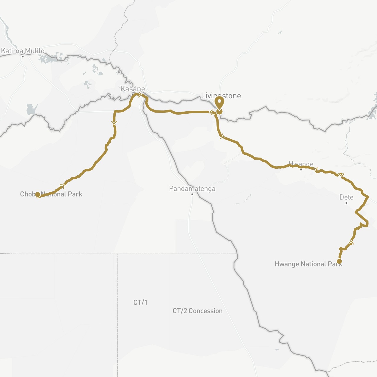 TravelMap itinerary: driving, private transfer in Botswana, Zimbabwe (Africa)