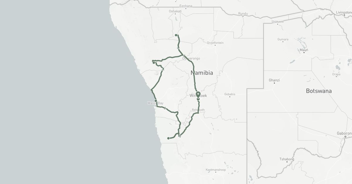 TravelMap itinerary: driving, car rental in Namibia (Africa)