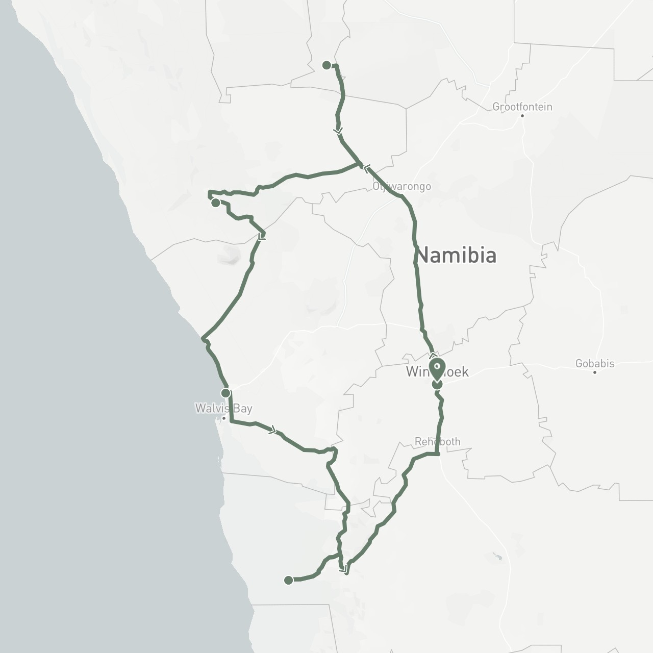 TravelMap itinerary: driving, car rental in Namibia (Africa)