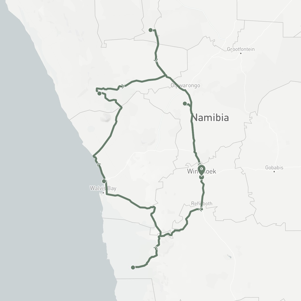 TravelMap itinerary: driving, car rental in Namibia (Africa)