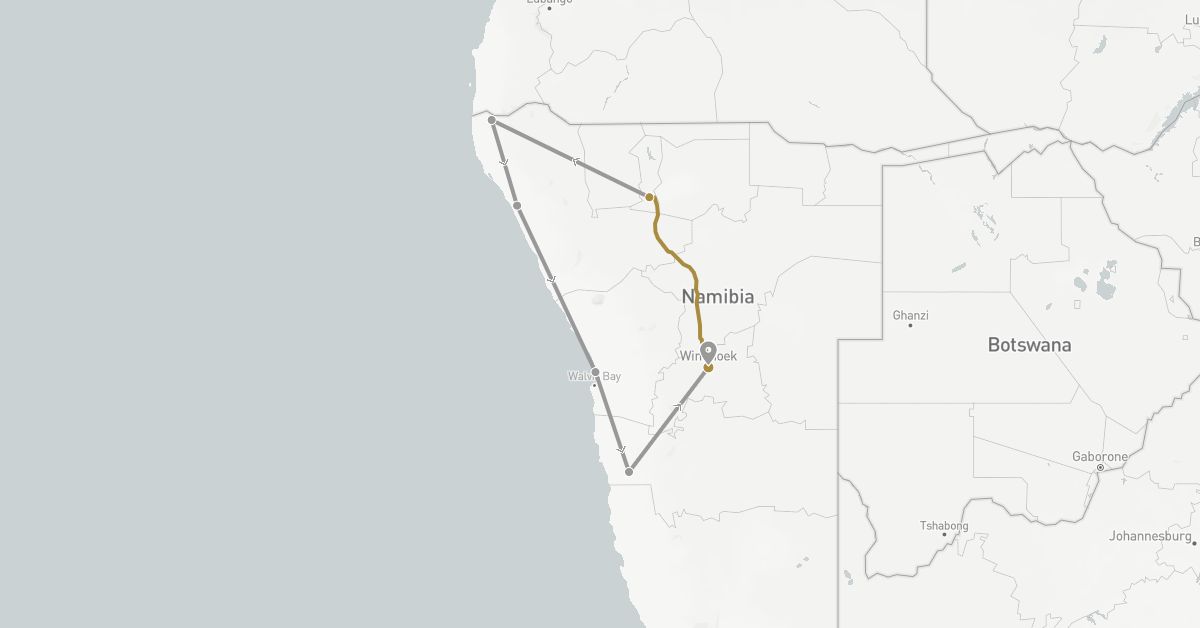 TravelMap itinerary: driving, plane, private transfer in Namibia (Africa)
