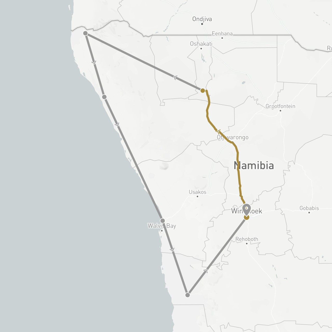 TravelMap itinerary: driving, plane, private transfer in Namibia (Africa)