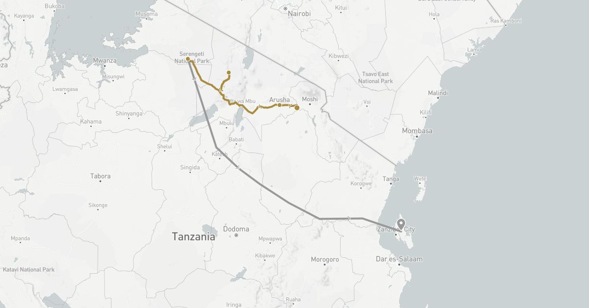 TravelMap itinerary: plane, private transfer in Tanzania (Africa)