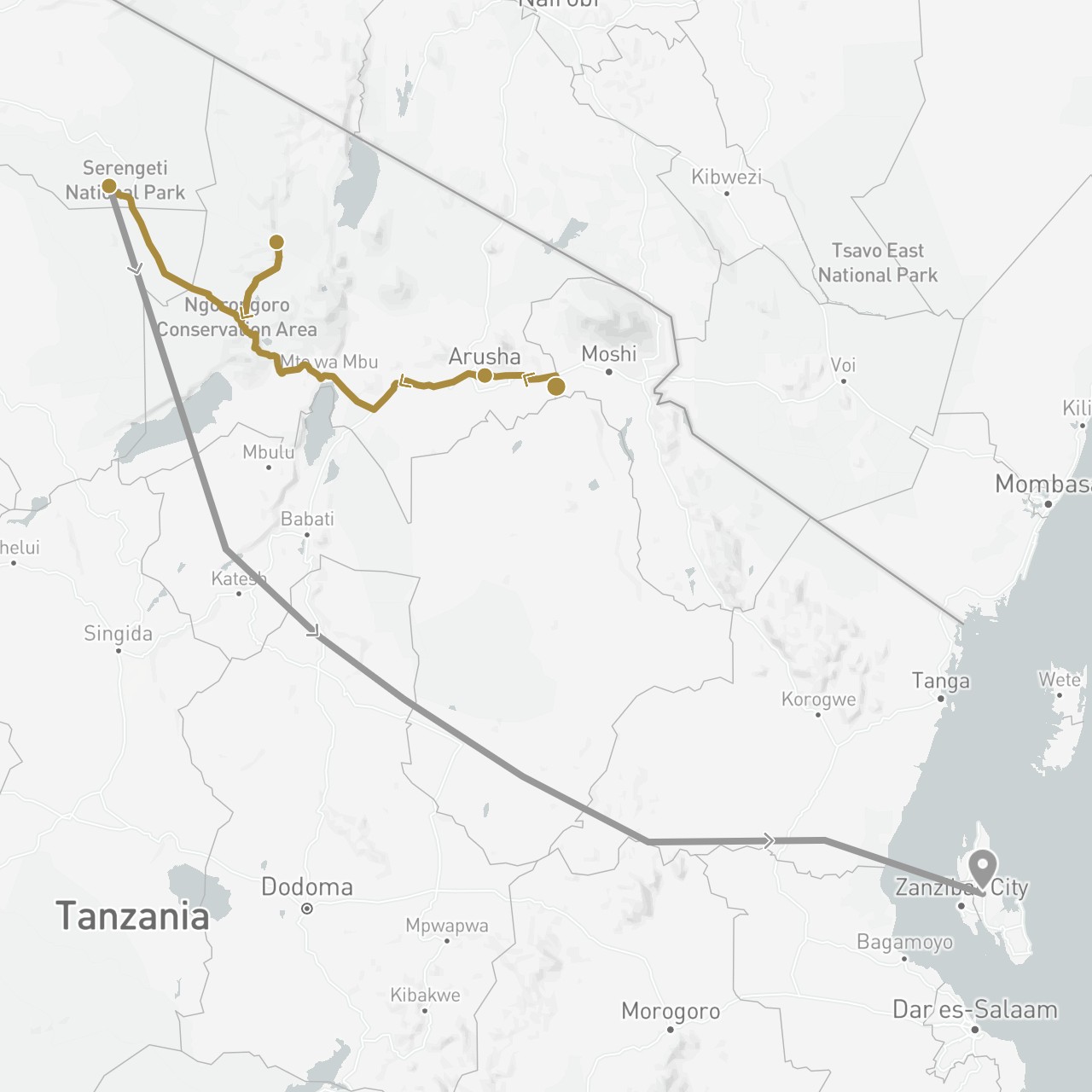 TravelMap itinerary: plane, private transfer in Tanzania (Africa)