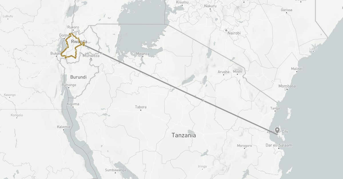 TravelMap itinerary: driving, plane, private transfer in Rwanda, Tanzania (Africa)