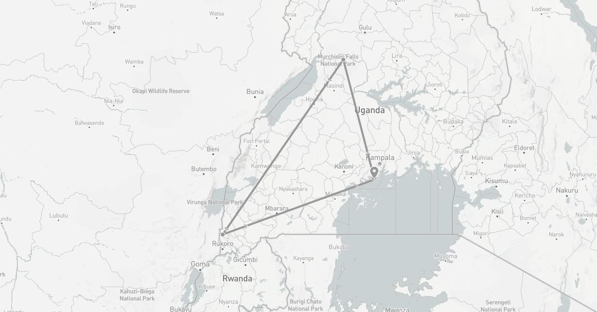 TravelMap itinerary: driving, plane in Uganda (Africa)