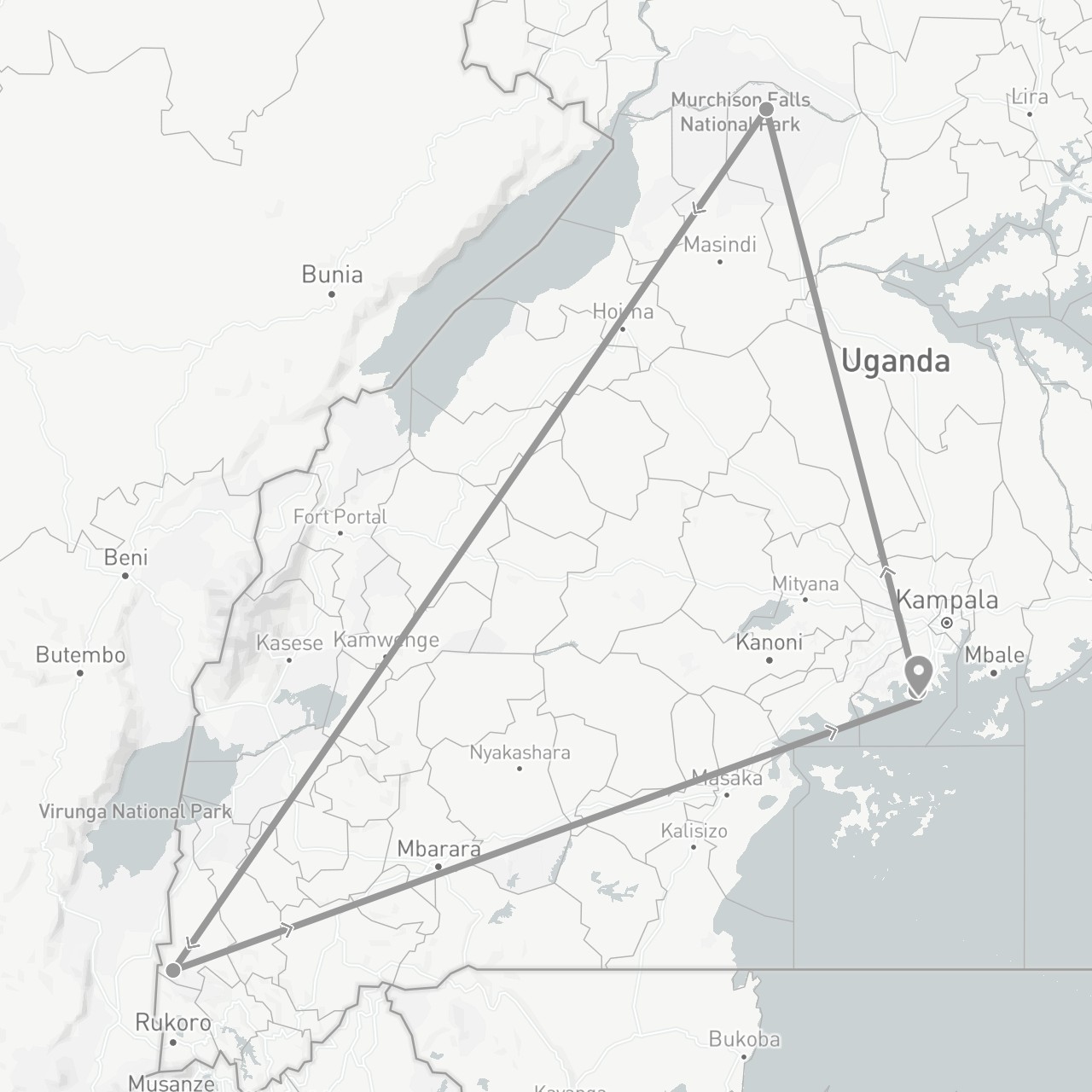 TravelMap itinerary: driving, plane in Uganda (Africa)