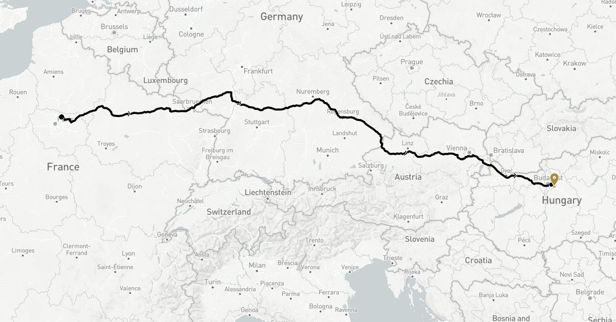 TravelMap itinerary: private transfer, train in France, Hungary (Europe)