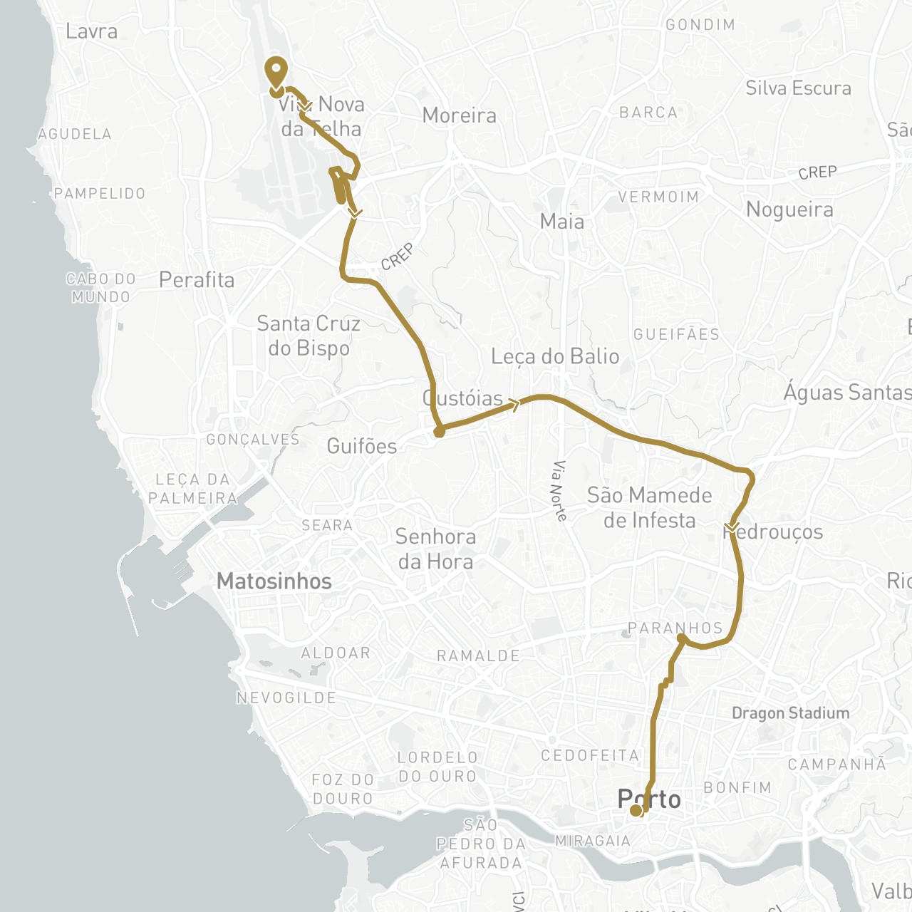 TravelMap itinerary: private transfer in Portugal (Europe)