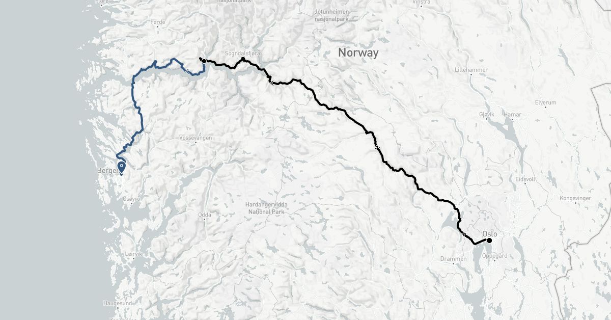TravelMap itinerary: private transfer, train, boat transfer in Norway (Europe)