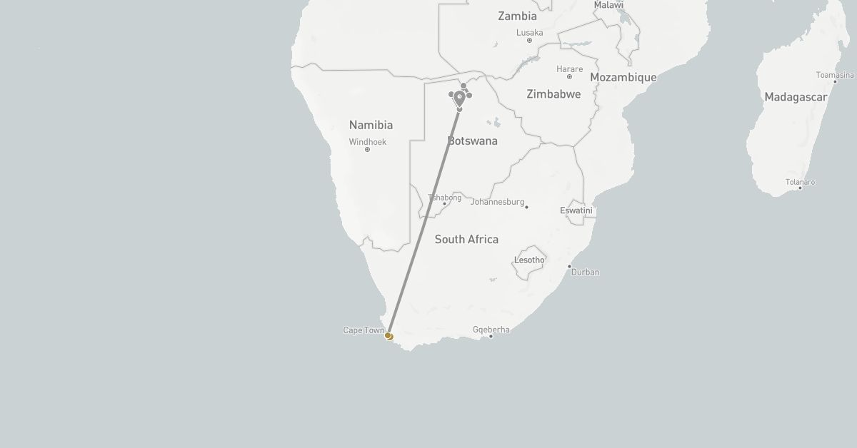 TravelMap itinerary: plane, private transfer in Botswana, South Africa (Africa)
