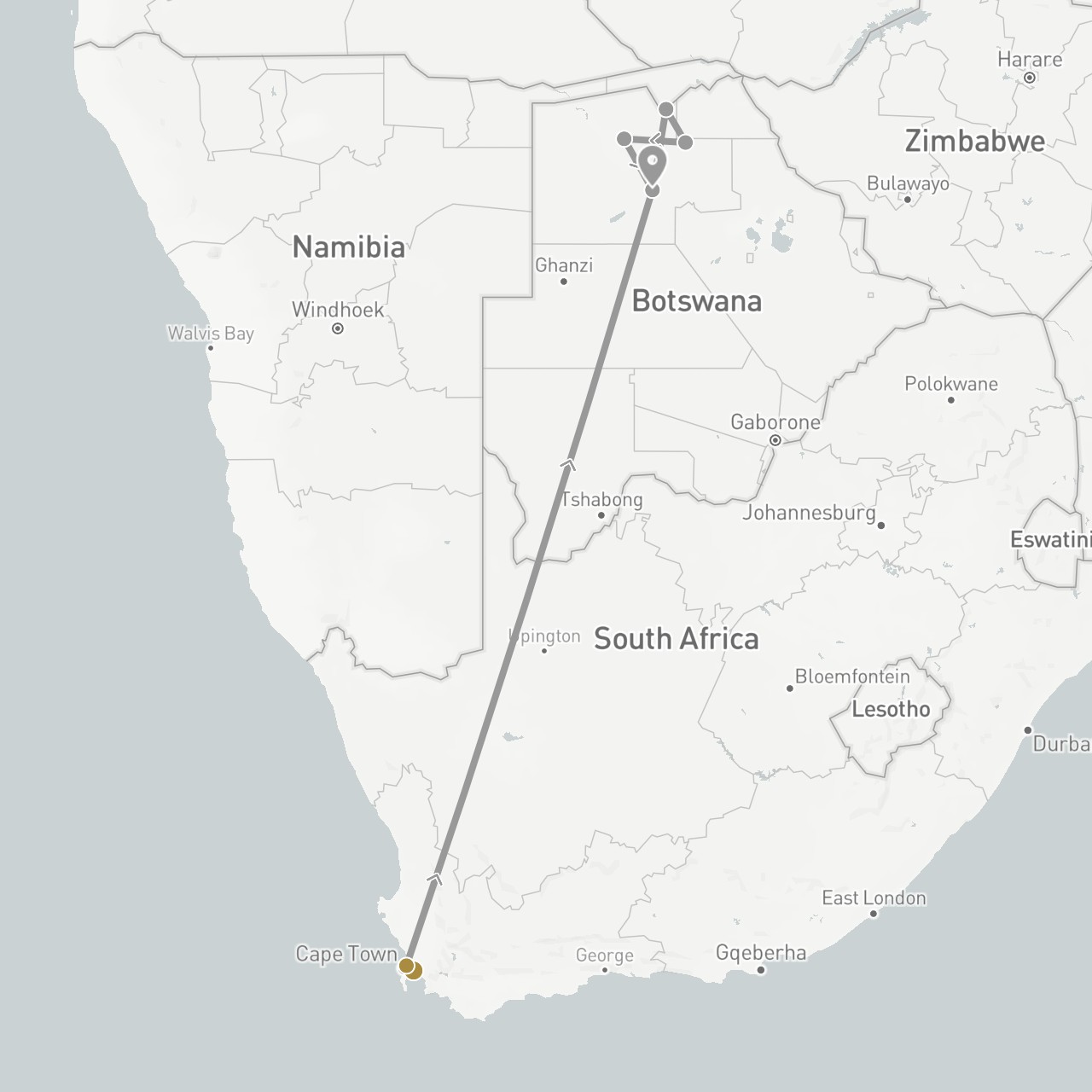 TravelMap itinerary: plane, private transfer in Botswana, South Africa (Africa)