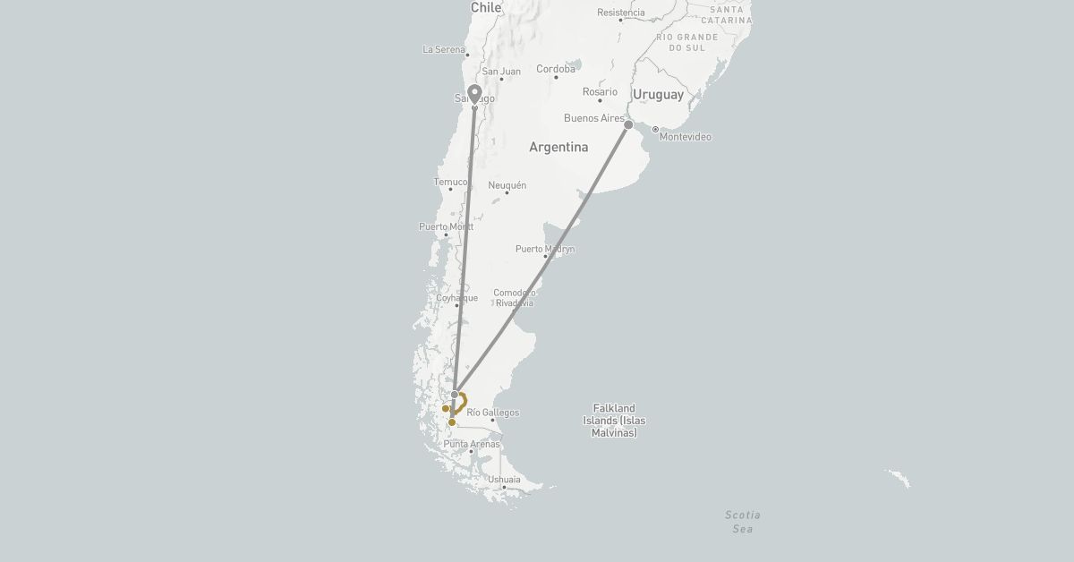 TravelMap itinerary: plane, private transfer in Argentina, Chile (South America)