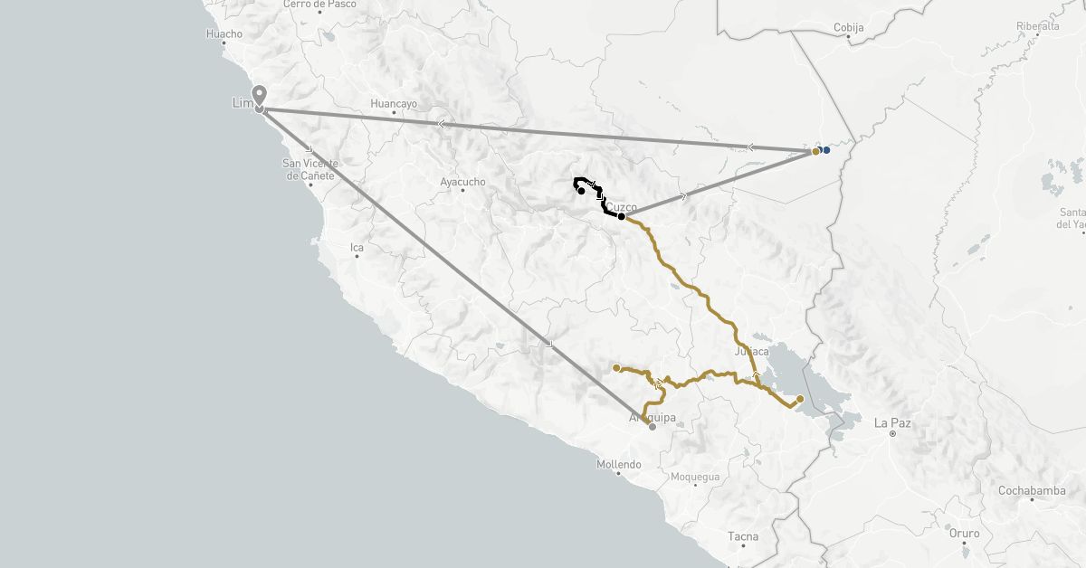 TravelMap itinerary: driving, plane, private transfer, train, boat transfer in Peru (South America)