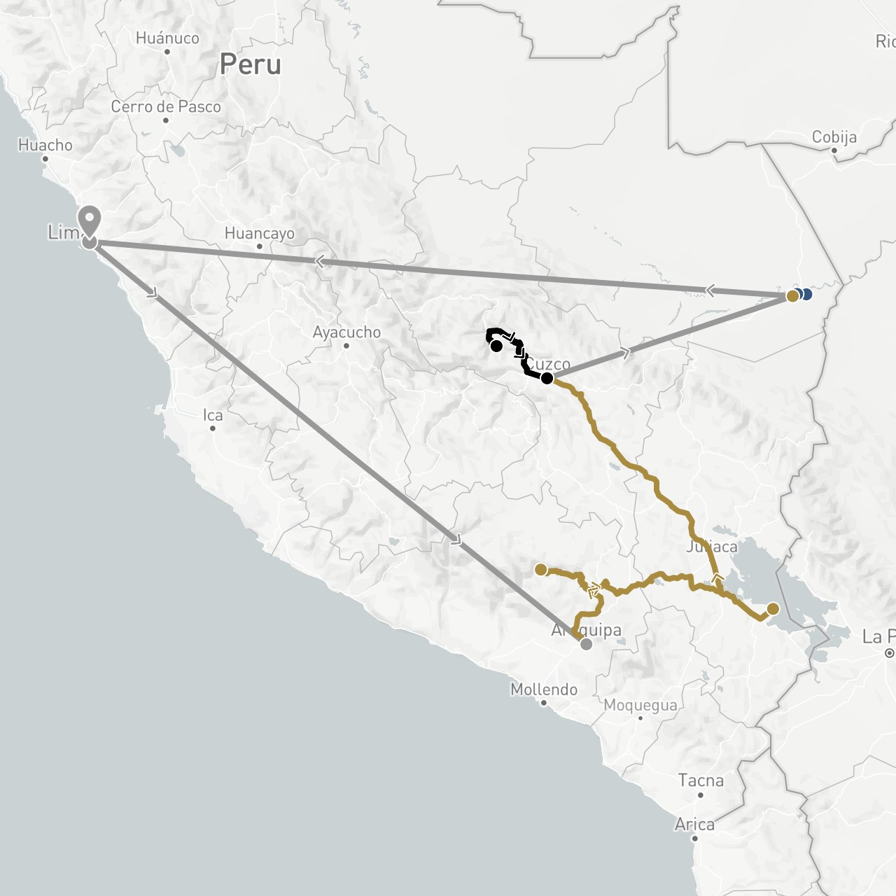 TravelMap itinerary: driving, plane, private transfer, train, boat transfer in Peru (South America)
