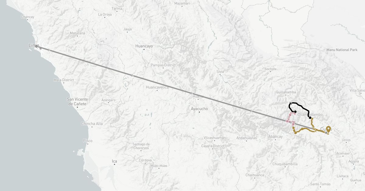 TravelMap itinerary: driving, plane, private transfer, train, hiking in Peru (South America)