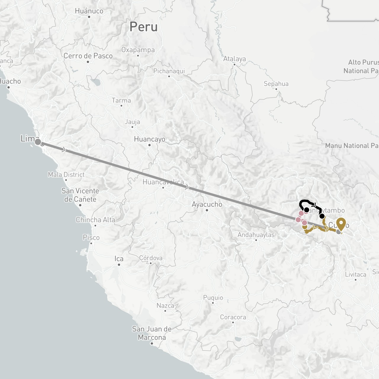 TravelMap itinerary: driving, plane, private transfer, train, hiking in Peru (South America)