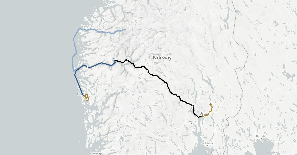 TravelMap itinerary: driving, private transfer, train, cruise, boat transfer in Norway (Europe)