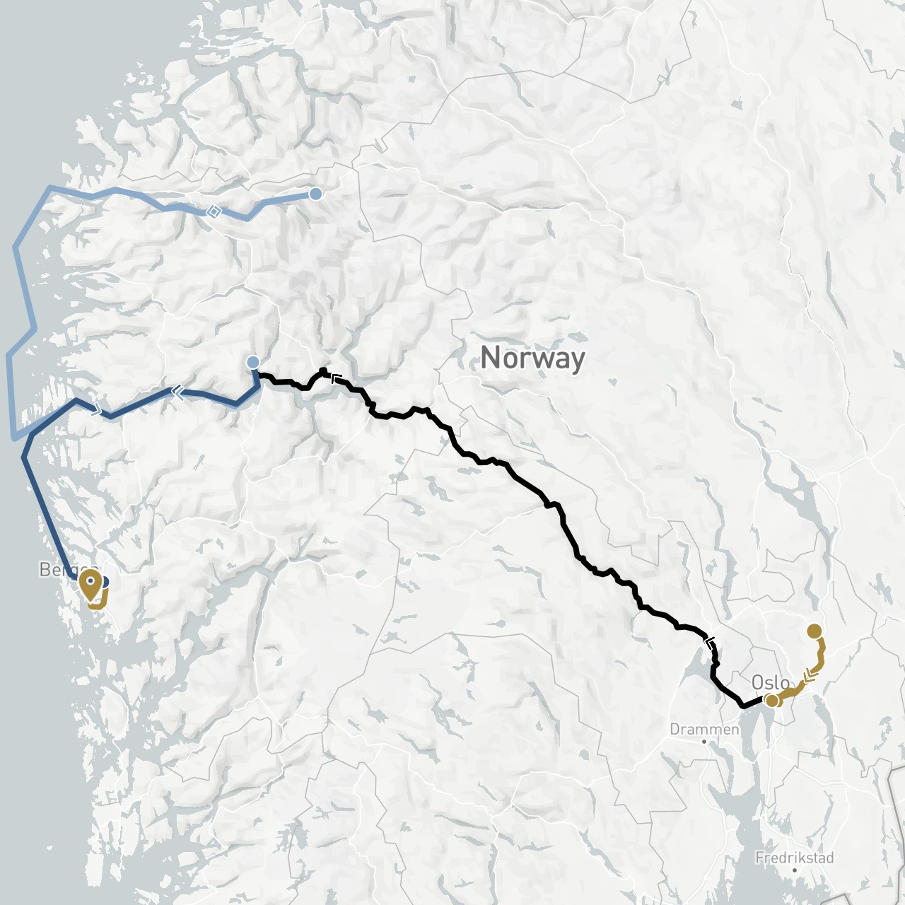 TravelMap itinerary: driving, private transfer, train, cruise, boat transfer in Norway (Europe)