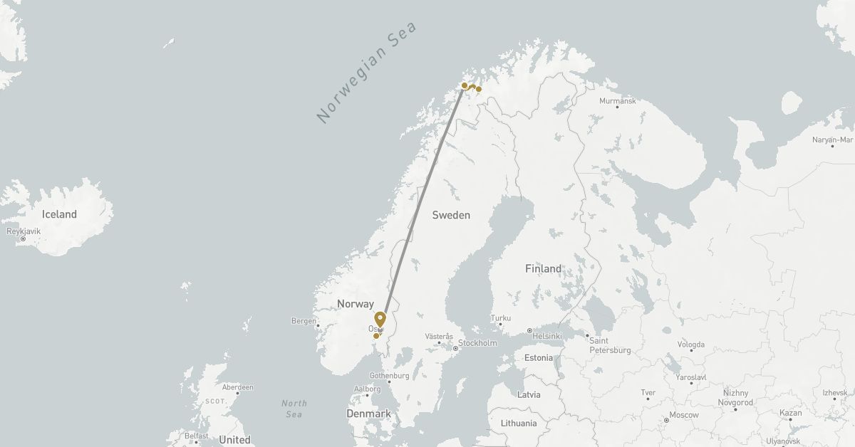 TravelMap itinerary: driving, plane, private transfer in Norway (Europe)