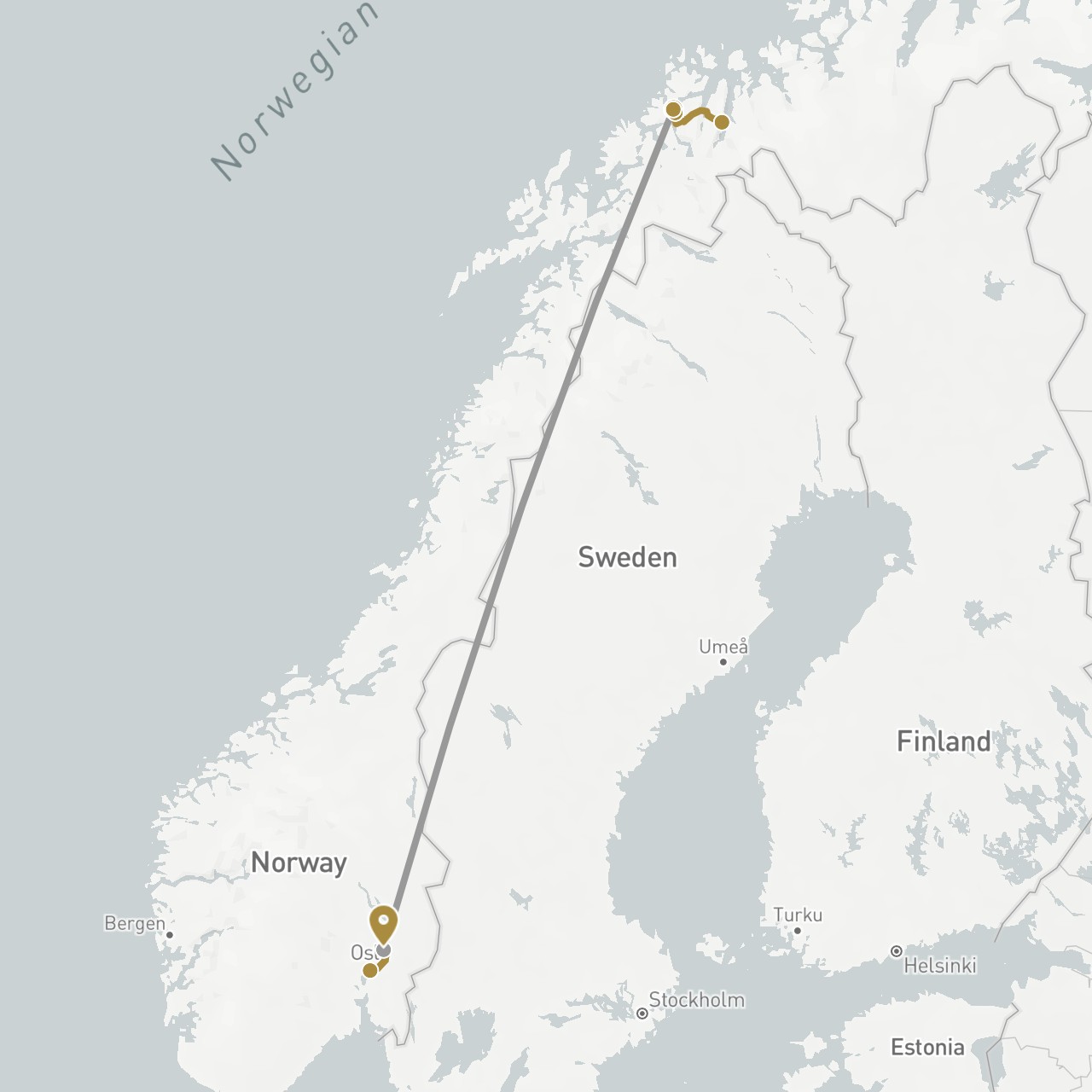 TravelMap itinerary: driving, plane, private transfer in Norway (Europe)