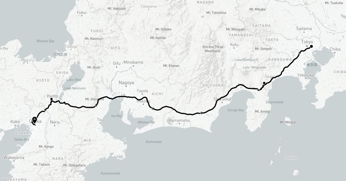 TravelMap itinerary: driving, train in Japan (Asia)
