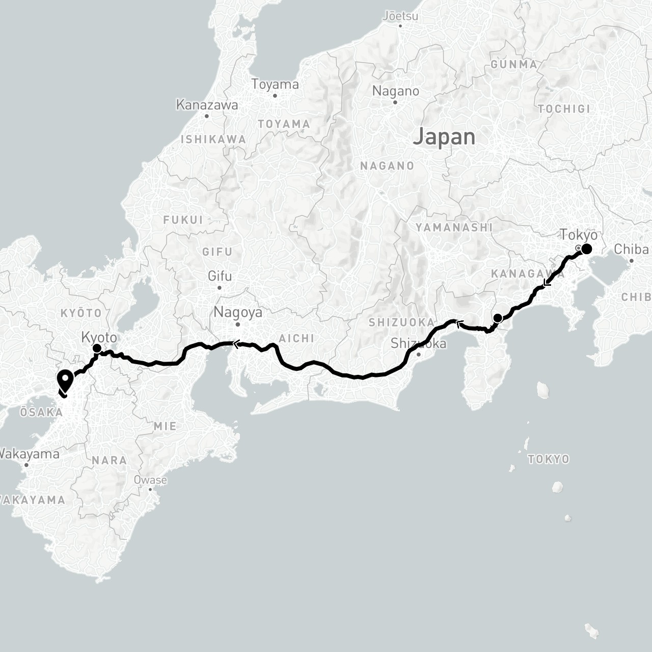 TravelMap itinerary: driving, train in Japan (Asia)