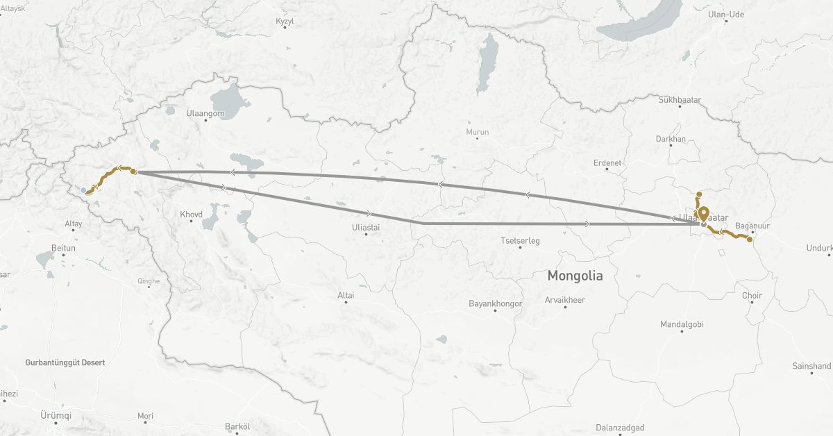 TravelMap itinerary: driving, plane, private transfer, horse riding in Mongolia (Asia)