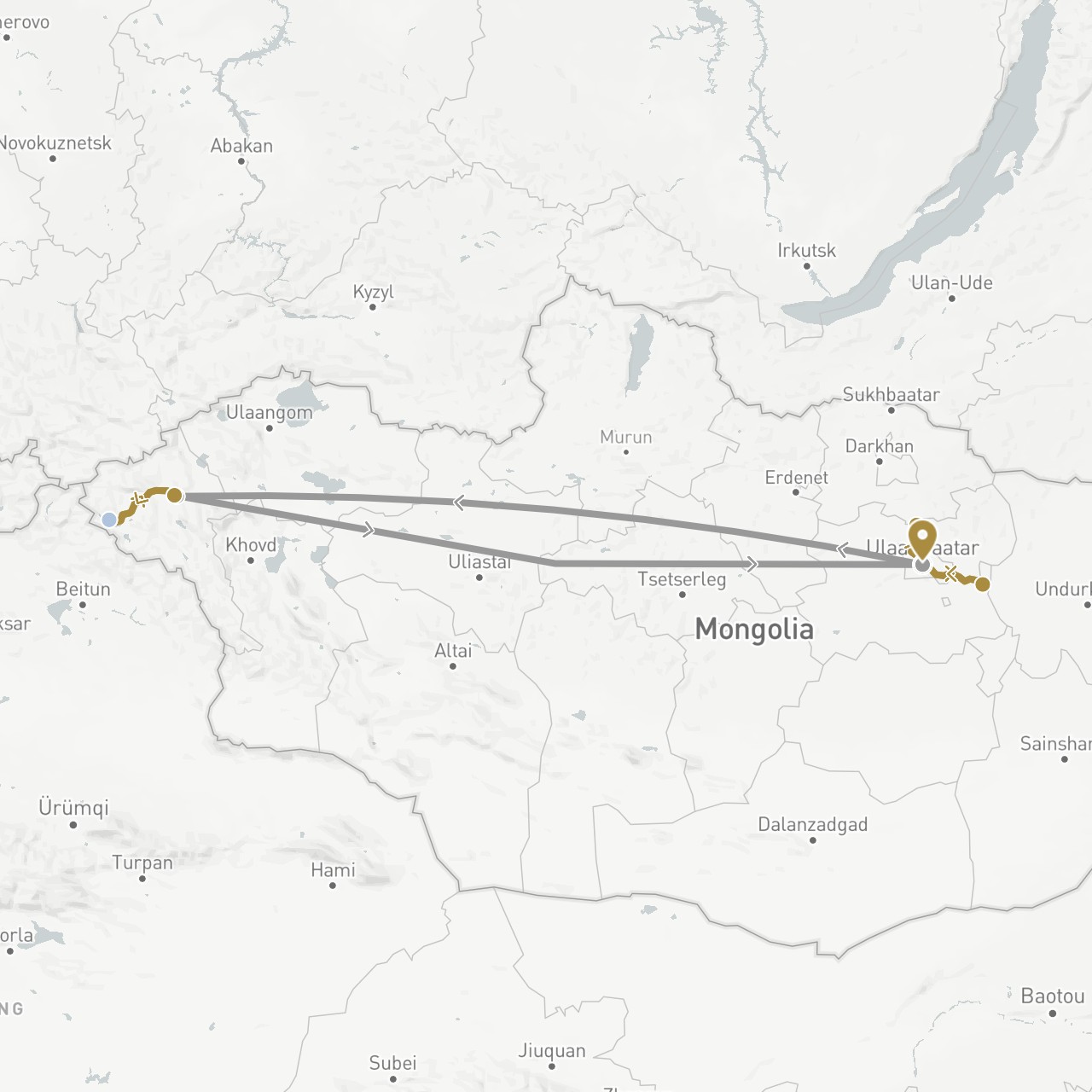 TravelMap itinerary: driving, plane, private transfer, horse riding in Mongolia (Asia)