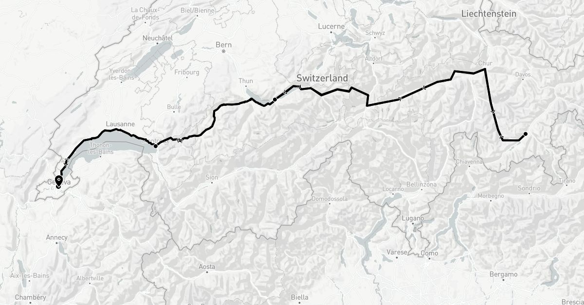TravelMap itinerary: train in Switzerland (Europe)