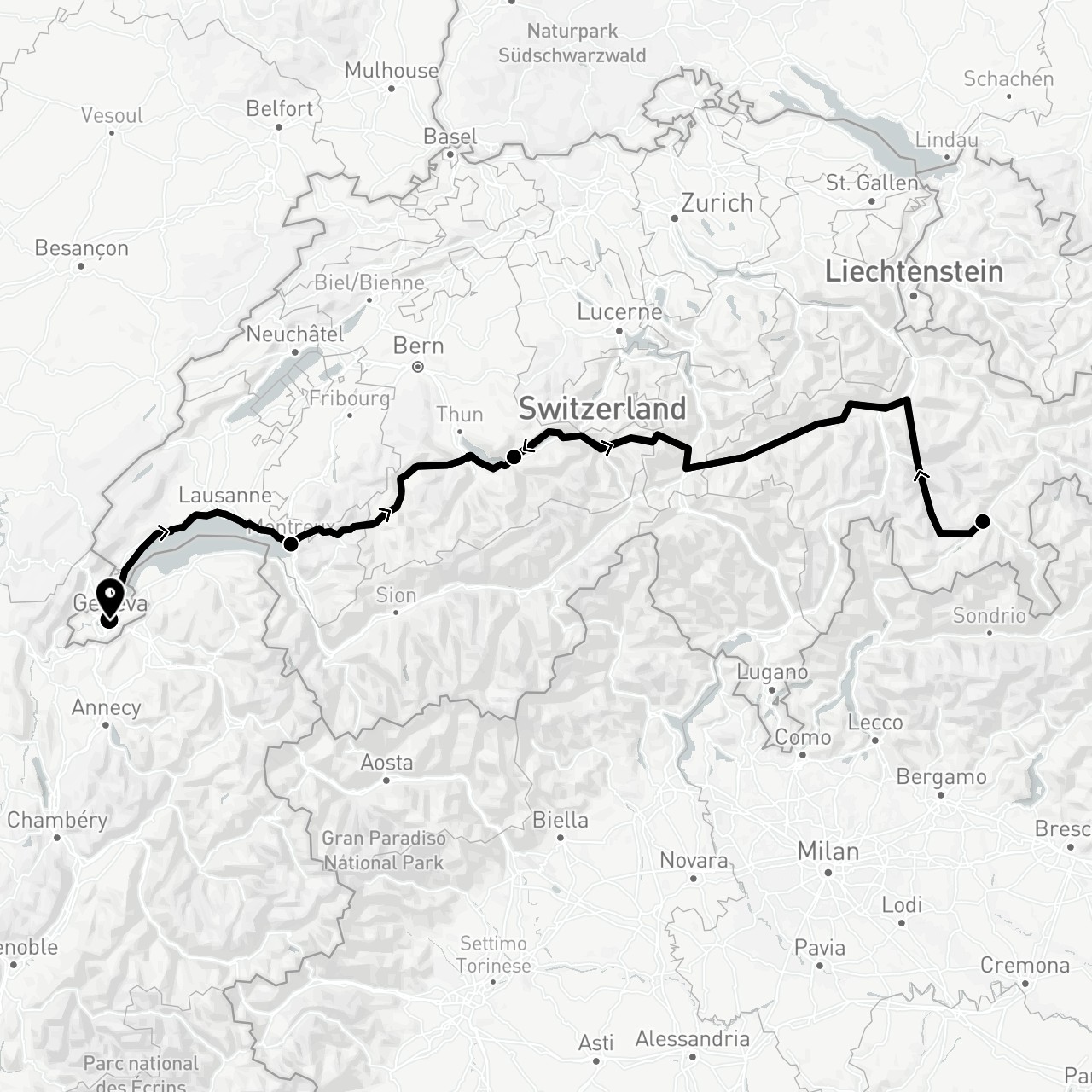 TravelMap itinerary: train in Switzerland (Europe)