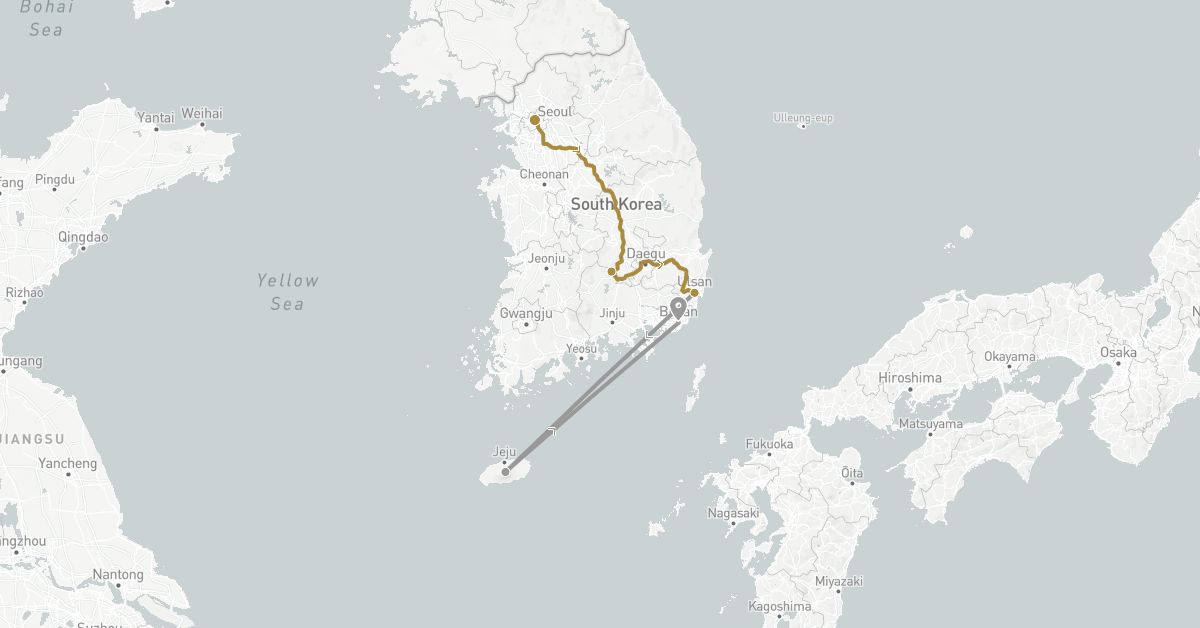 TravelMap itinerary: driving, plane, private transfer in South Korea (Asia)