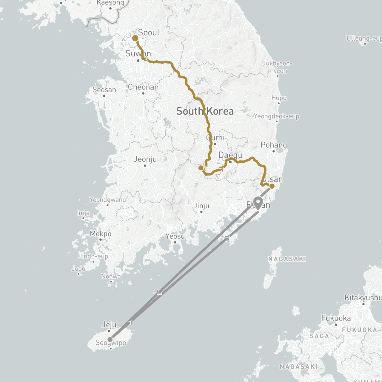 TravelMap itinerary: driving, plane, private transfer in South Korea (Asia)