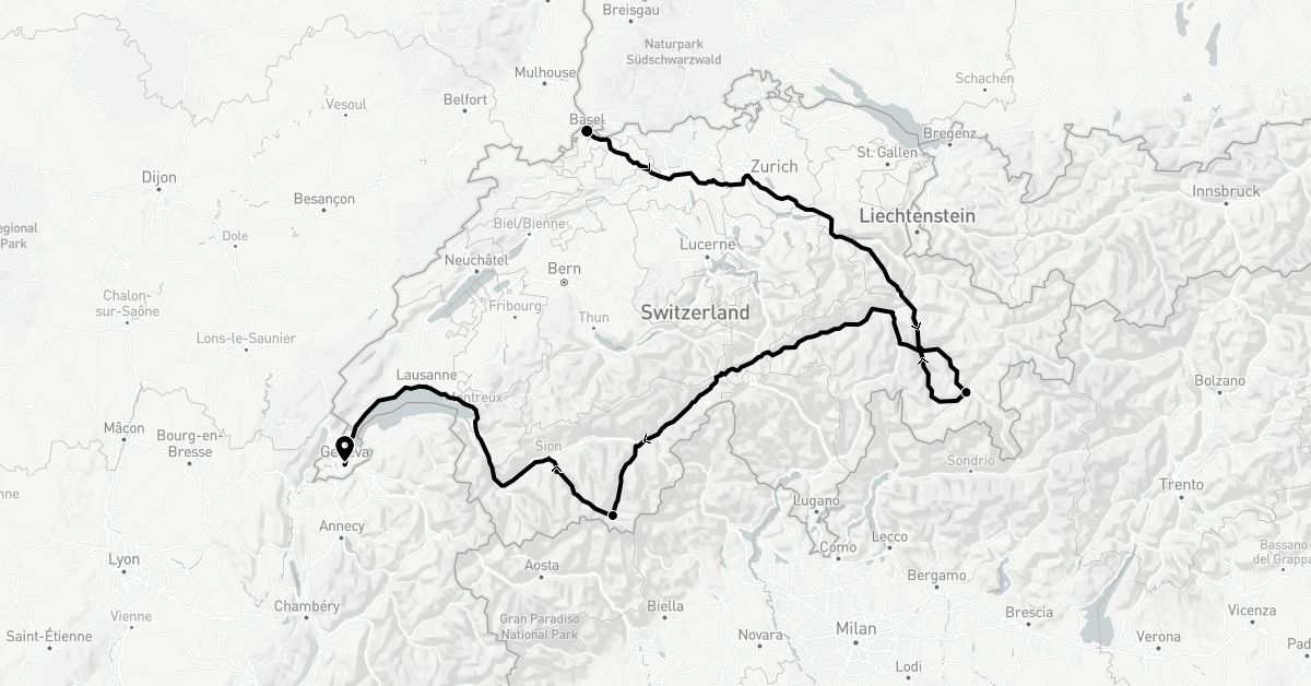TravelMap itinerary: driving, train in Switzerland (Europe)