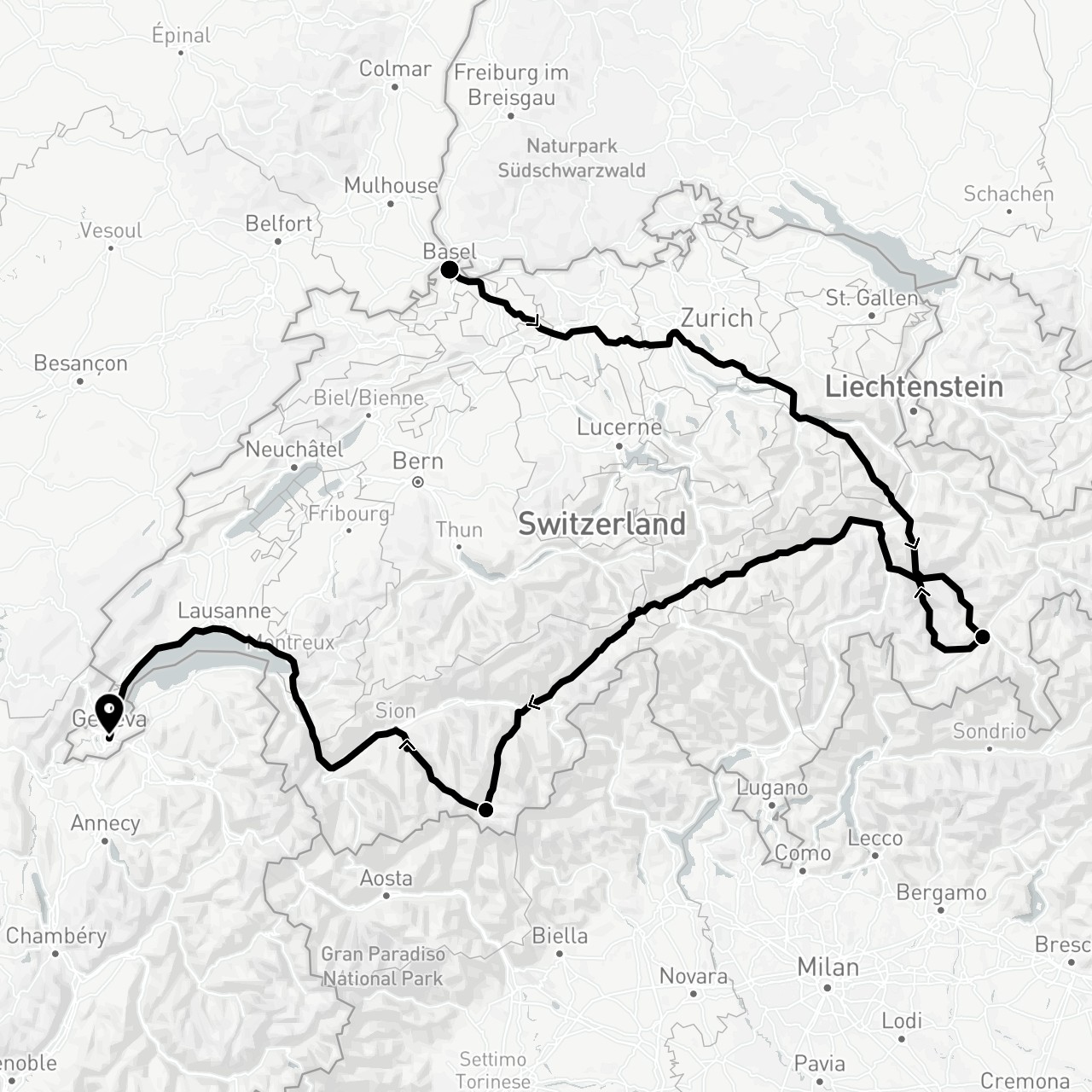 TravelMap itinerary: driving, train in Switzerland (Europe)