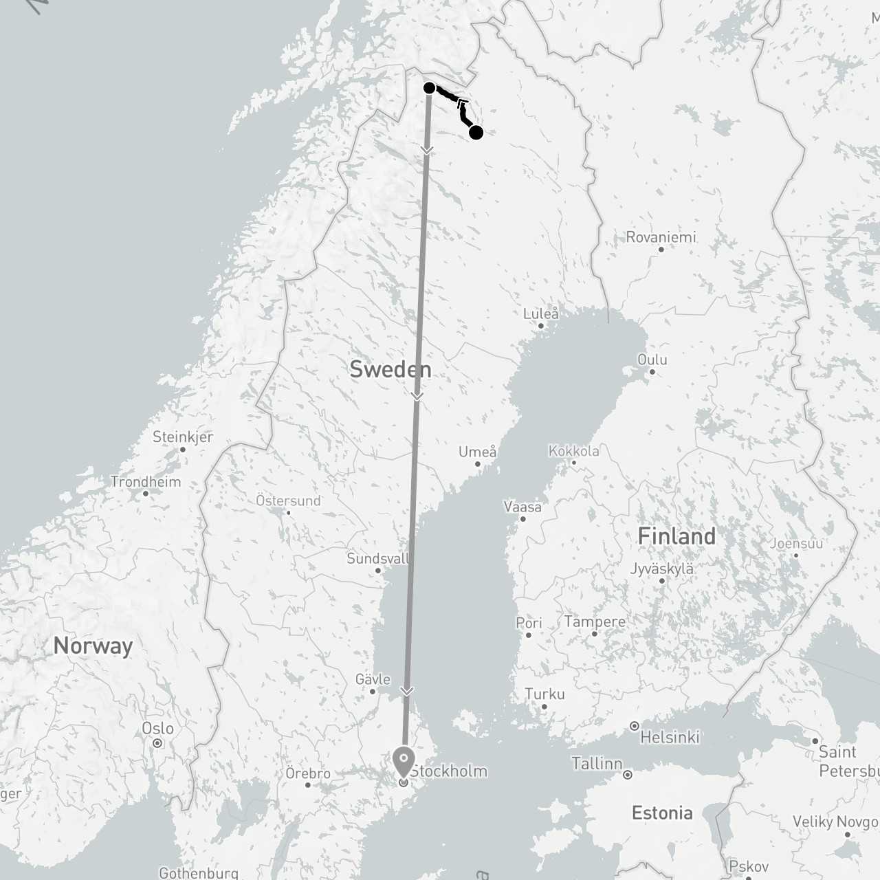 TravelMap itinerary: driving, plane, train in Sweden (Europe)