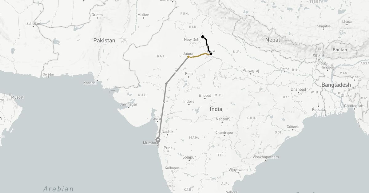 TravelMap itinerary: driving, plane, private transfer, train in India (Asia)