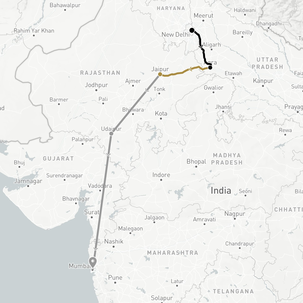 TravelMap itinerary: driving, plane, private transfer, train in India (Asia)