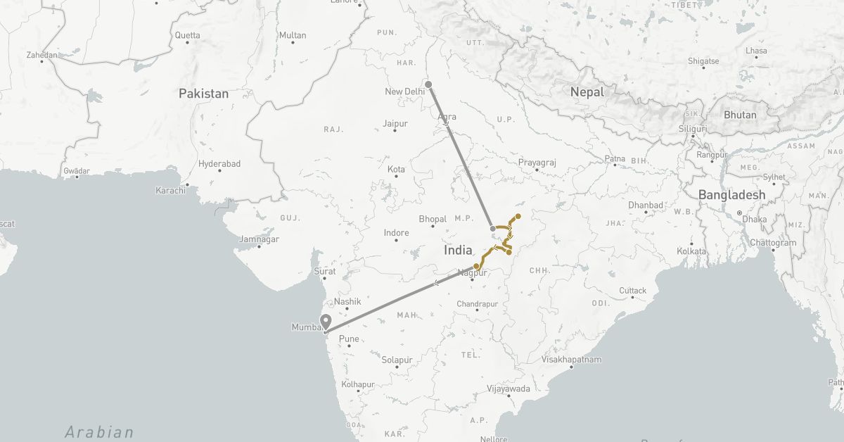 TravelMap itinerary: driving, plane, private transfer in India (Asia)
